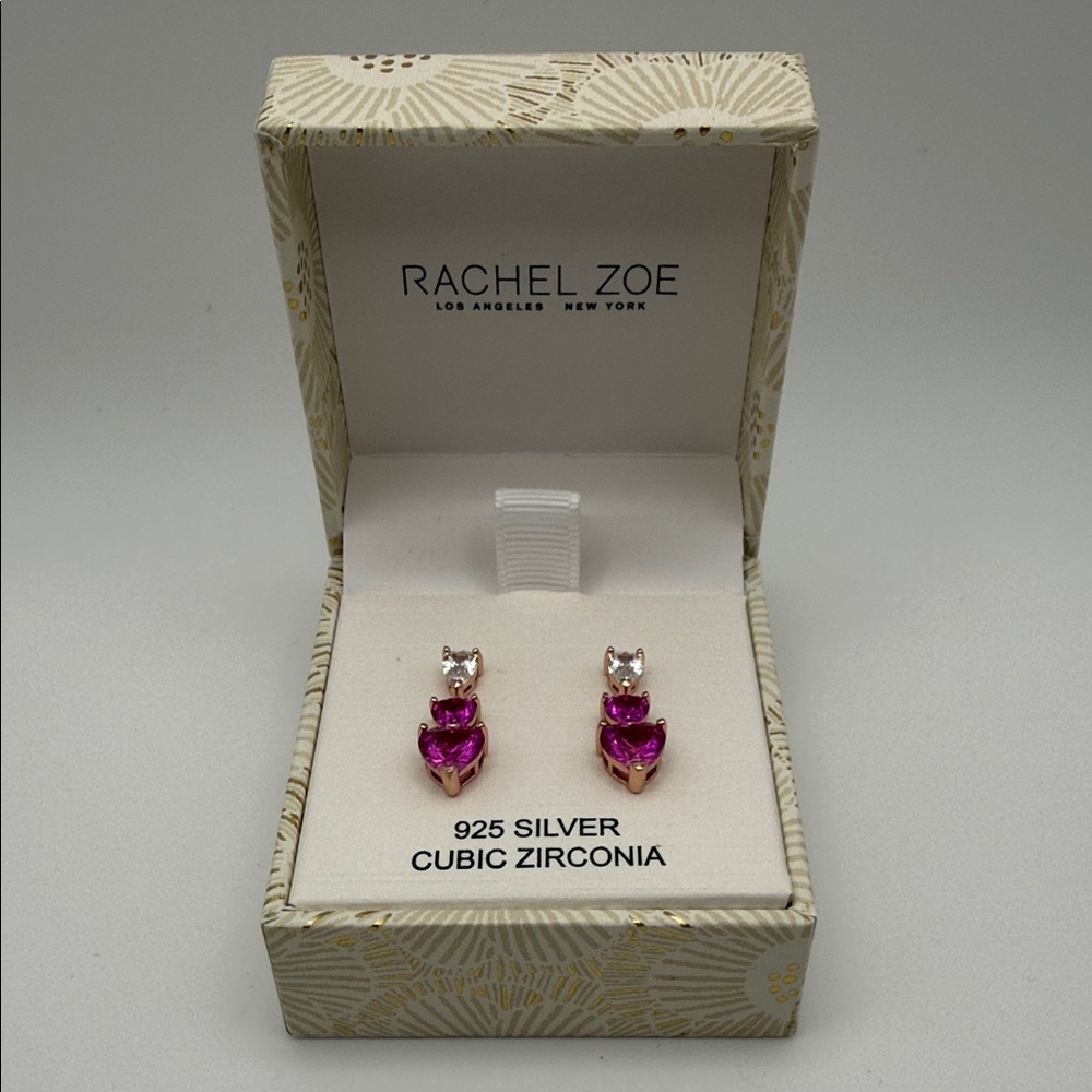 Rachel Zoe 925 Silver Pink Heart Cubic Zirconia Dangle Earrings Gift Boxed